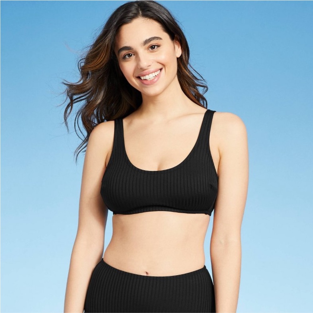 Women's Ribbed Textured Scoop Bikini Top - Kona Sol Black Size Small NWT